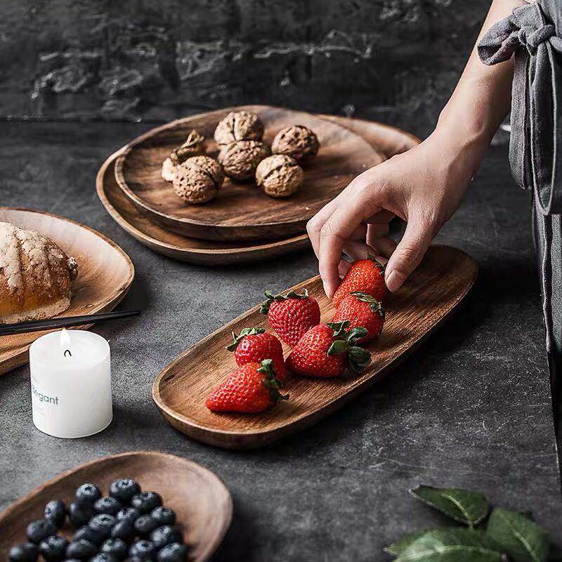 wide round walnut wood serving tray