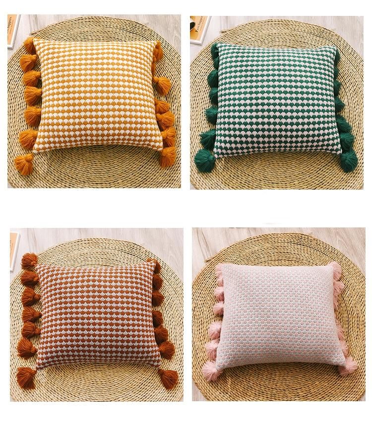 Boho Style Tassel Edges Solid Knit Tear and Wrinkle Resistant Pillow Cover