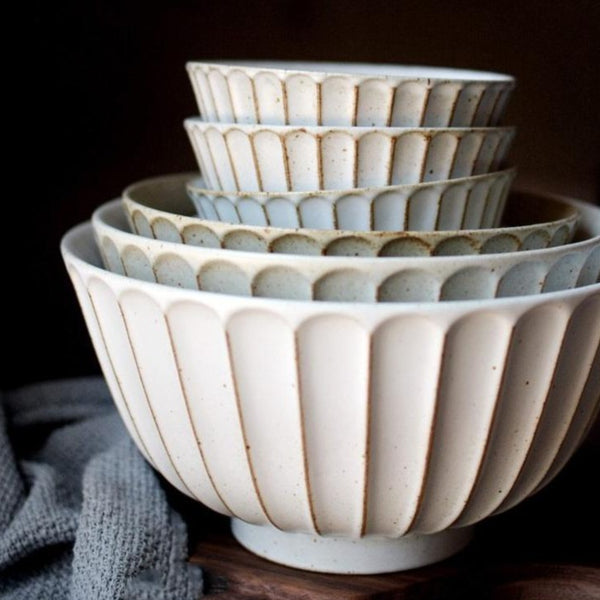 round scalloped textured edge ashy white ceramic bowl