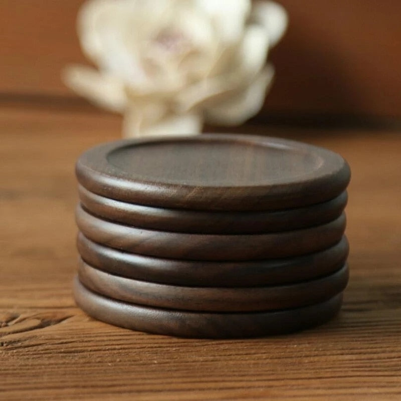 Round Dark Brown Wooden Coaster Set