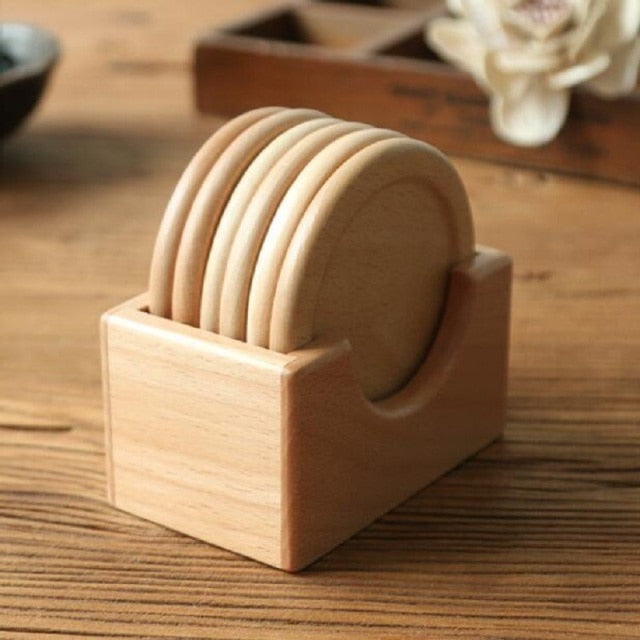 Round Light Brown Wooden Coaster Set