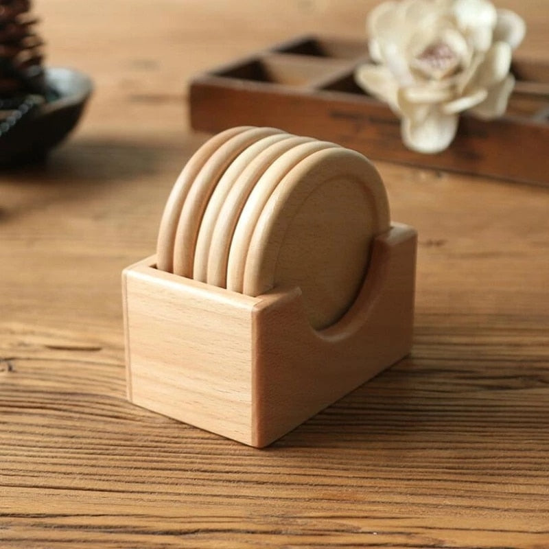 Round Light Brown Wooden Coaster Set