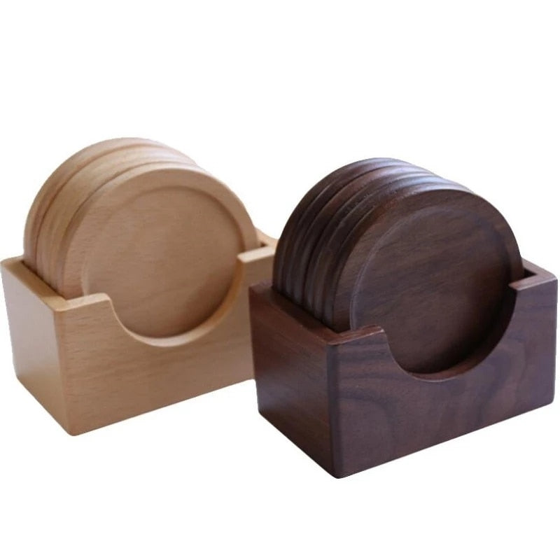 Round Light Brown Dark Brown Wooden Coaster Set