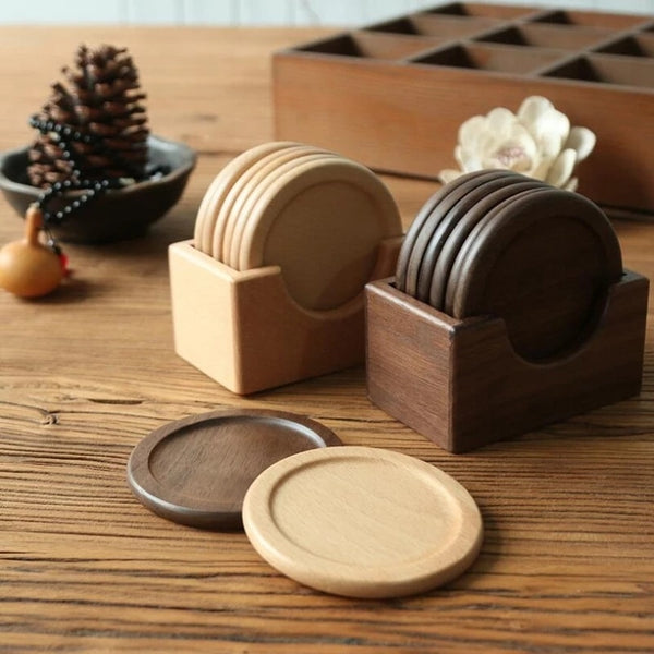 Round Light Brown Dark Brown Wooden Coaster Set