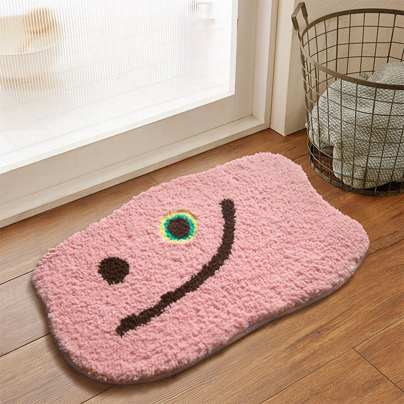 square rounded fluffly pink smiley polyester antislip rug