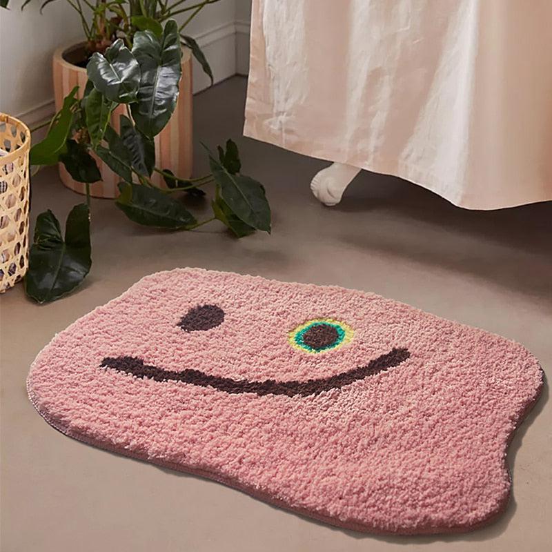 square rounded fluffly pink smiley polyester antislip rug