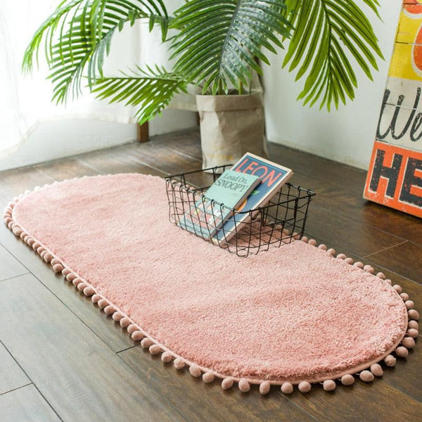 Pom-pom Trimmed Oval Anti-skid Bathroom Kitchen Rug Pink Blush