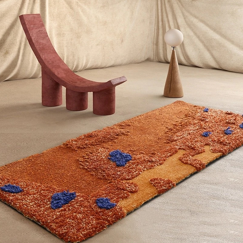 3d Handmade Wool rug Artisanal design hand dyed tufted rug Orange Cobalt Toffee design