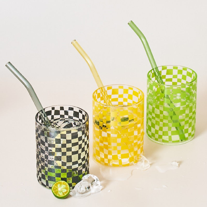 Green Yellow Black Round Checkered Drinking Glass