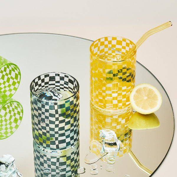 Green Yellow Black Round Checkered Drinking Glass