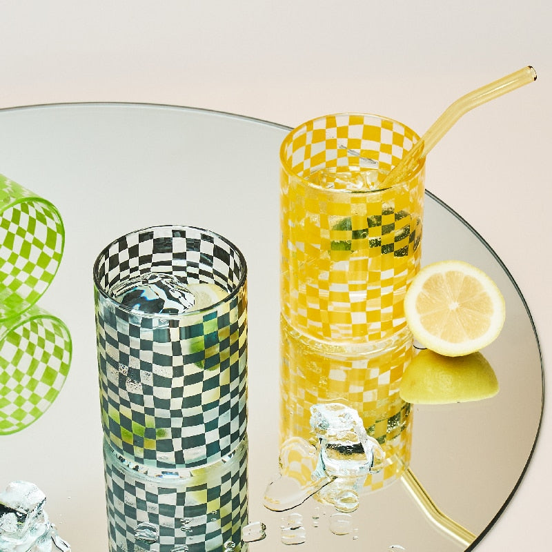 Green Yellow Black Round Checkered Drinking Glass