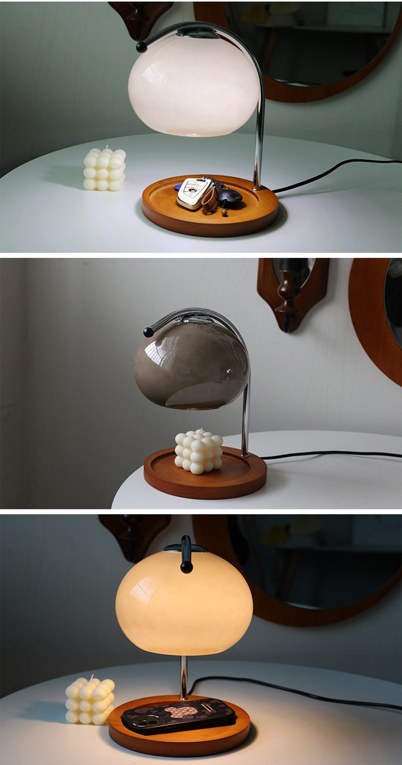 Glass Table Desk Lamp Wood Base 