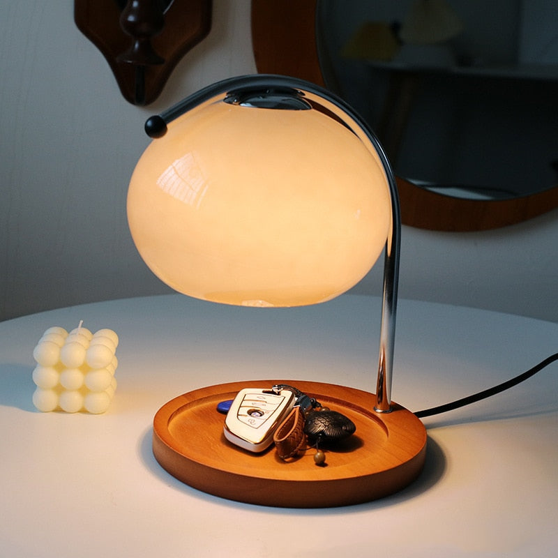 Glass Table Desk Lamp Wood Base 