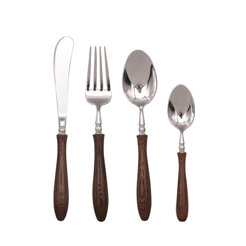 Stainless Steel Wood Spoon Knife Fork Set