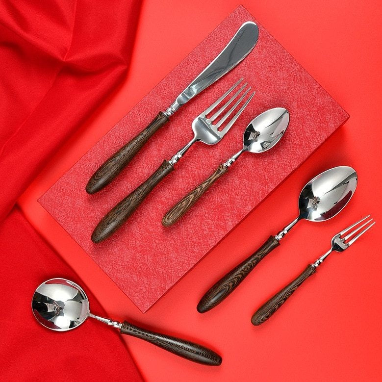 Stainless Steel Wood Spoon Knife Fork Set