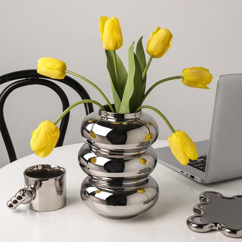 Silver Plated Metallic Ceramic Vase  Round Bubble Stacked