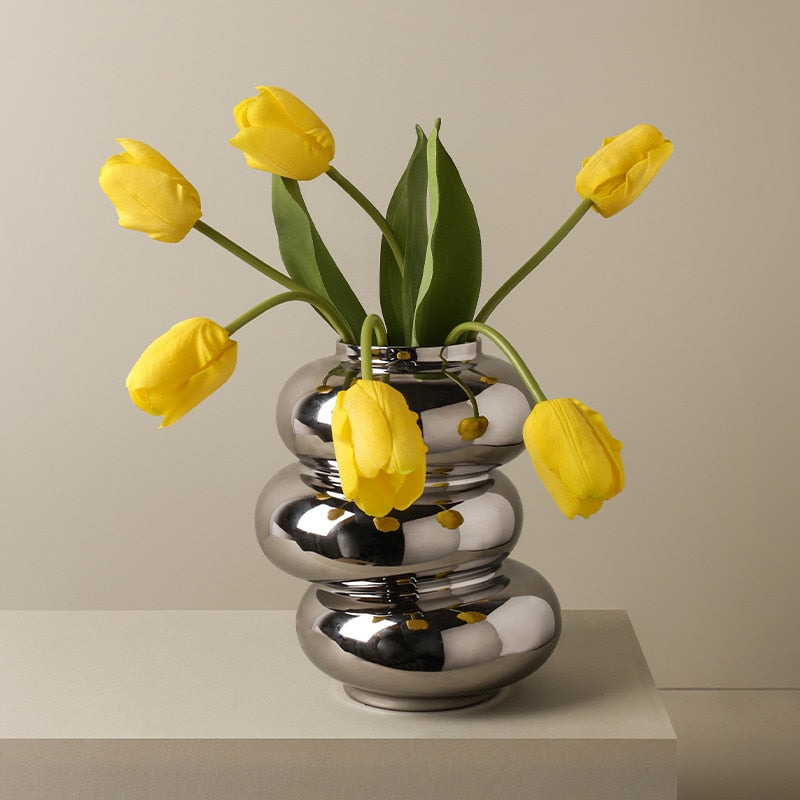 Silver Plated Metallic Ceramic Vase  Round Bubble Stacked