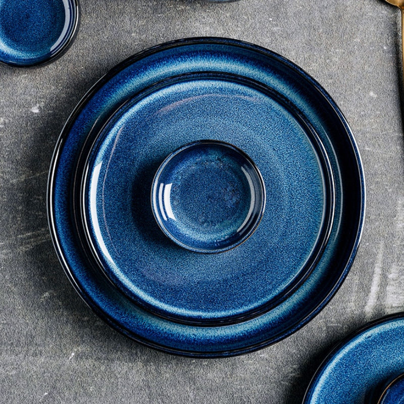 round ceramic porcelain glazed finish blue plate