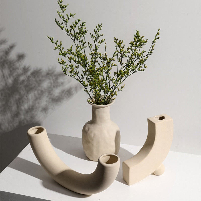 abstract shape ceramic taupe table top vase