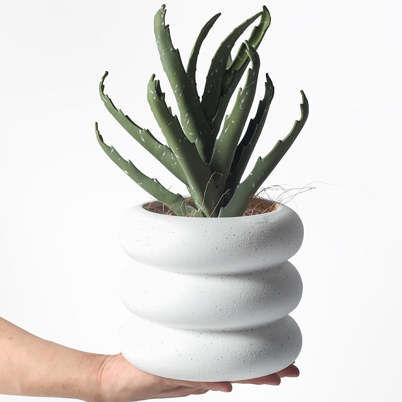 White Round Rolls Ceramic Plant Pot