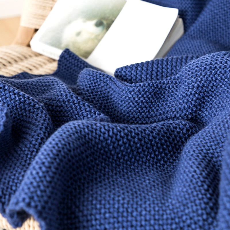 Acrylic Royal Blue Tassel Edges Knitted Throw Blanket