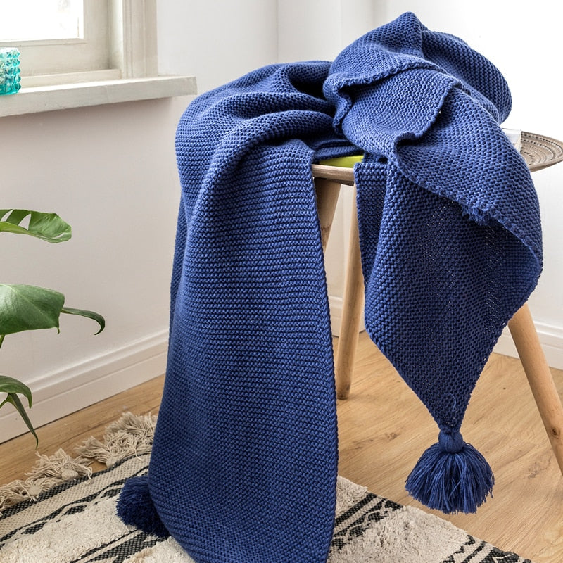 Acrylic Royal Blue Tassel Edges Knitted Throw Blanket