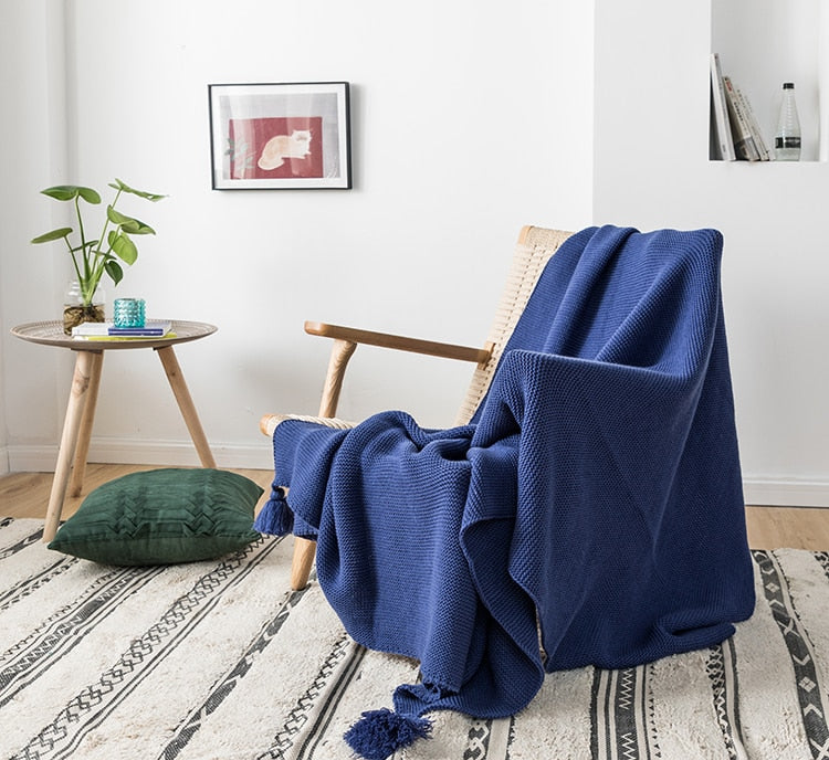 Acrylic Royal Blue Tassel Edges Knitted Throw Blanket