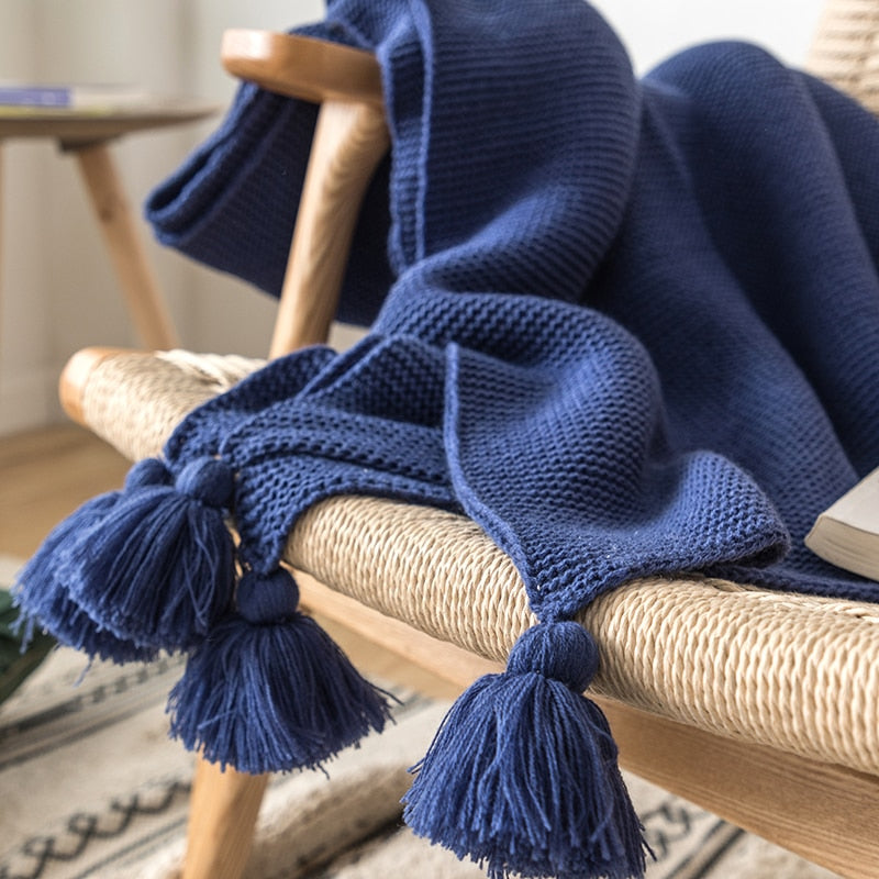 Acrylic Royal Blue Tassel Edges Knitted Throw Blanket