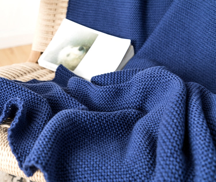 Acrylic Royal Blue Tassel Edges Knitted Throw Blanket