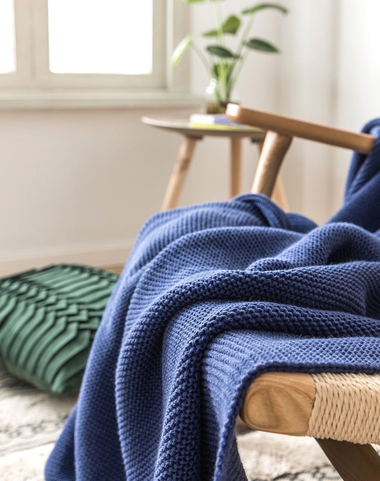 Acrylic Royal Blue Tassel Edges Knitted Throw Blanket