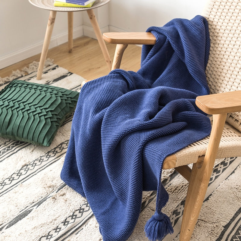 Acrylic Royal Blue Tassel Edges Knitted Throw Blanket