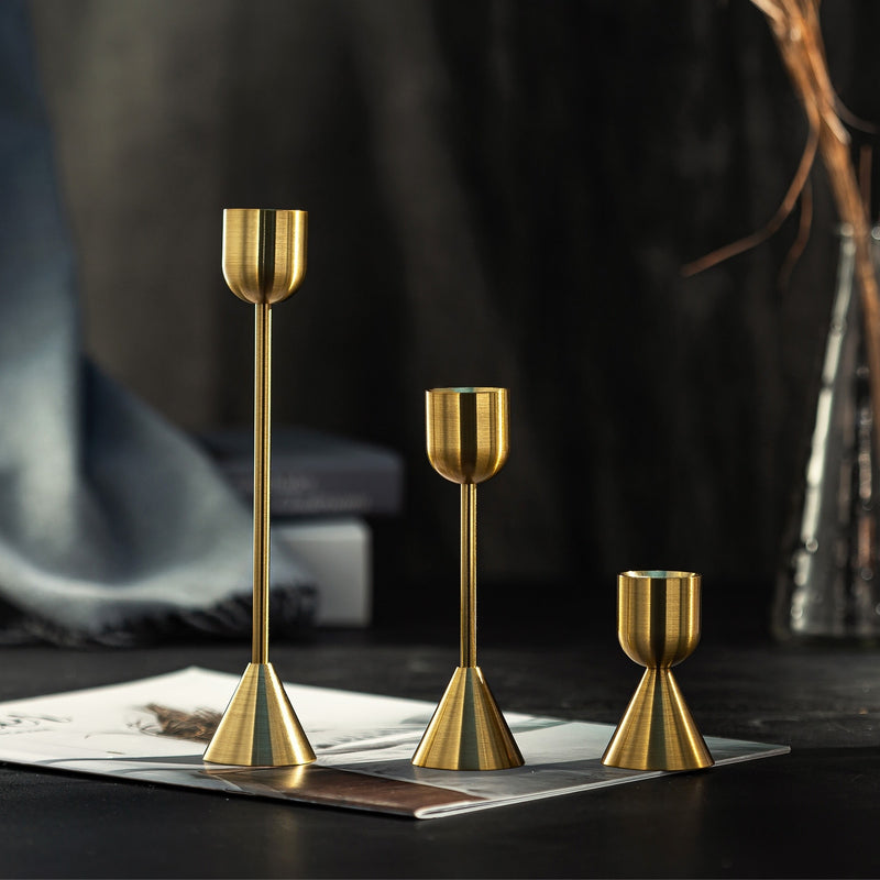 Three Pieces Set Metal Gold Plated Candle Holders 