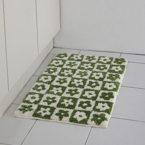 Green and Black Grids Floral Tufting Soft Rug 