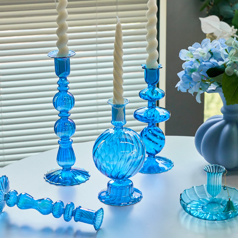 Irisdescent Glass Metallic Candle Holder Blue Retro 