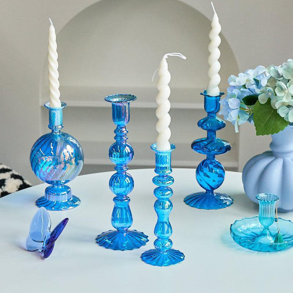 Irisdescent Glass Metallic Candle Holder Blue Retro 