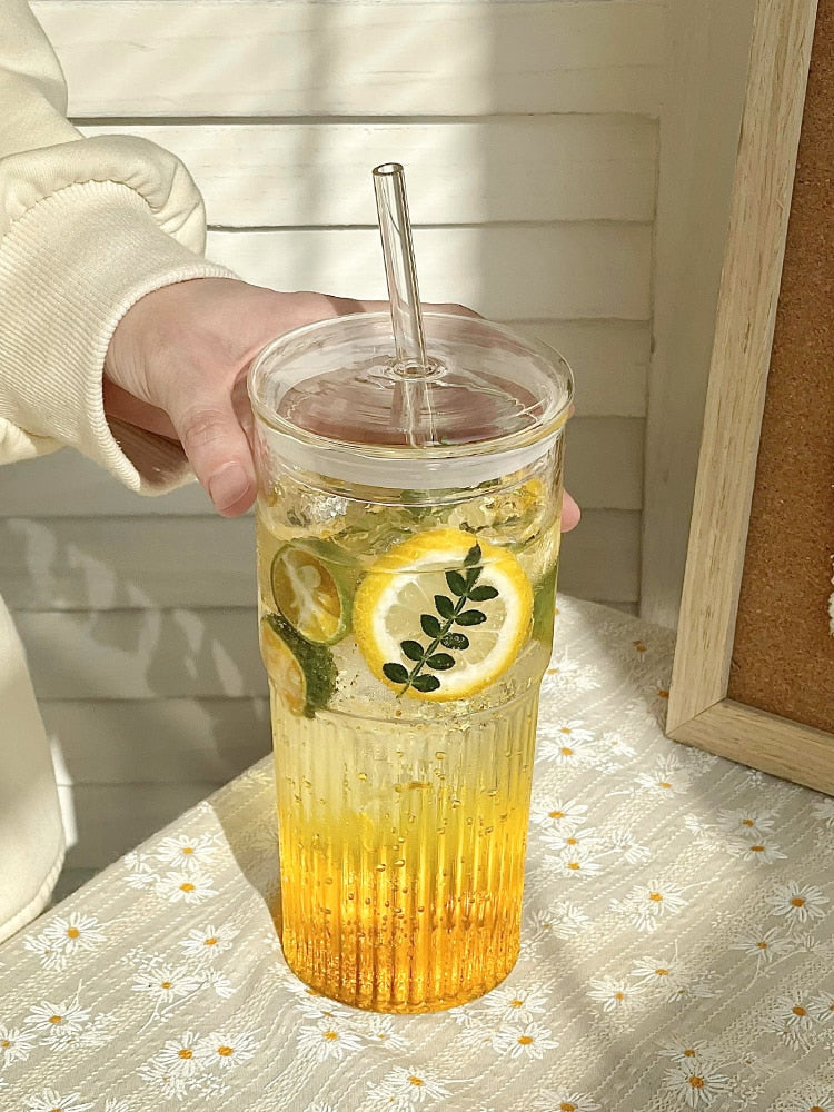 High-value Glass Cup With Lid & Straw