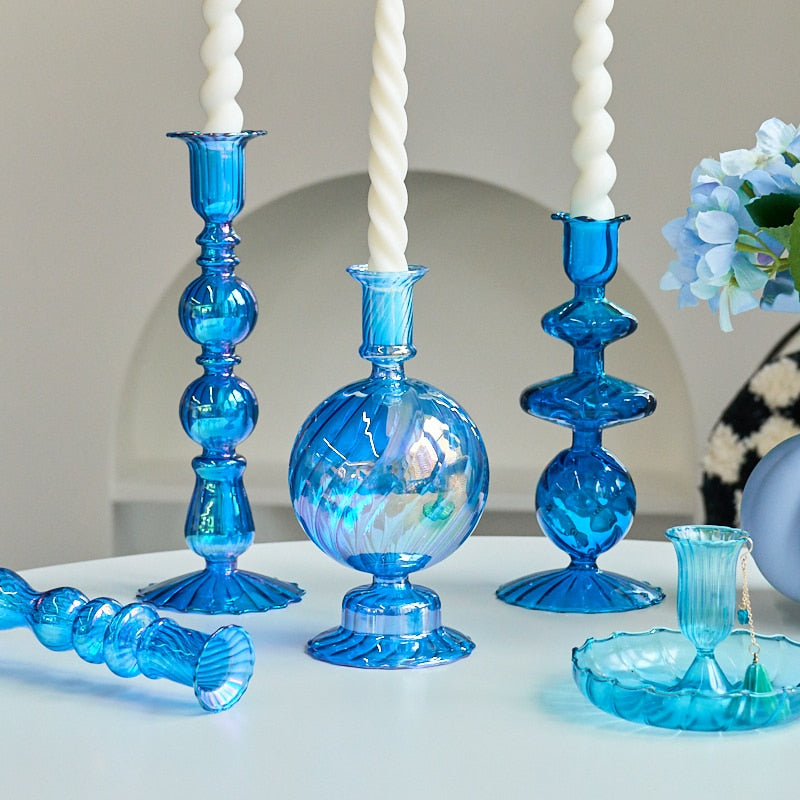 Irisdescent Glass Metallic Candle Holder Blue Retro 