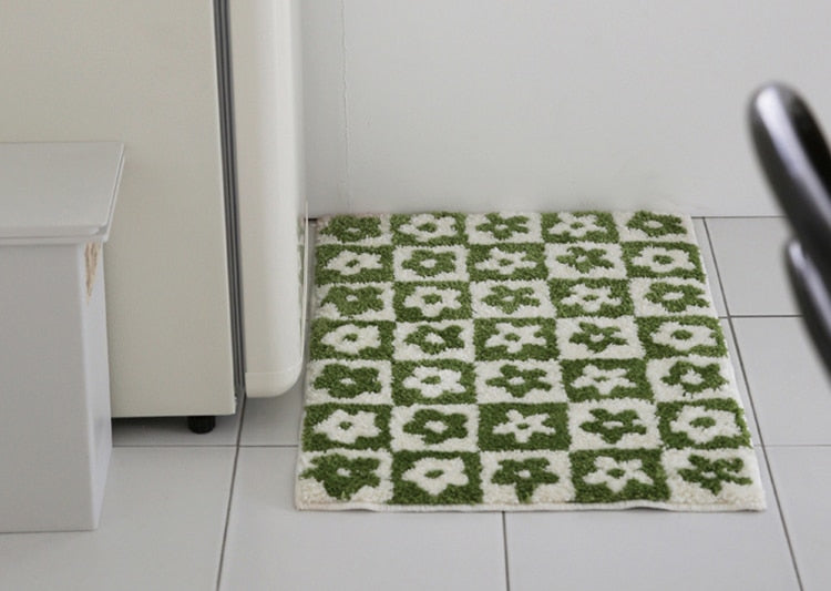 Green and Black Grids Floral Tufting Soft Rug 