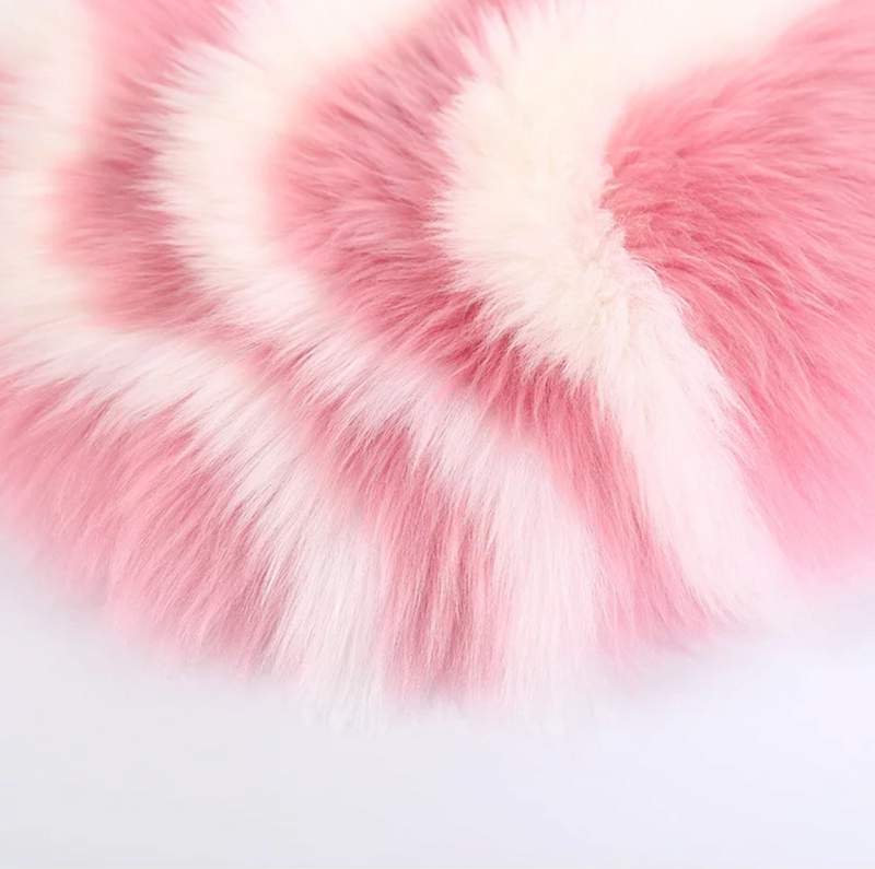 round pink and white wool sheepskin fur pillow