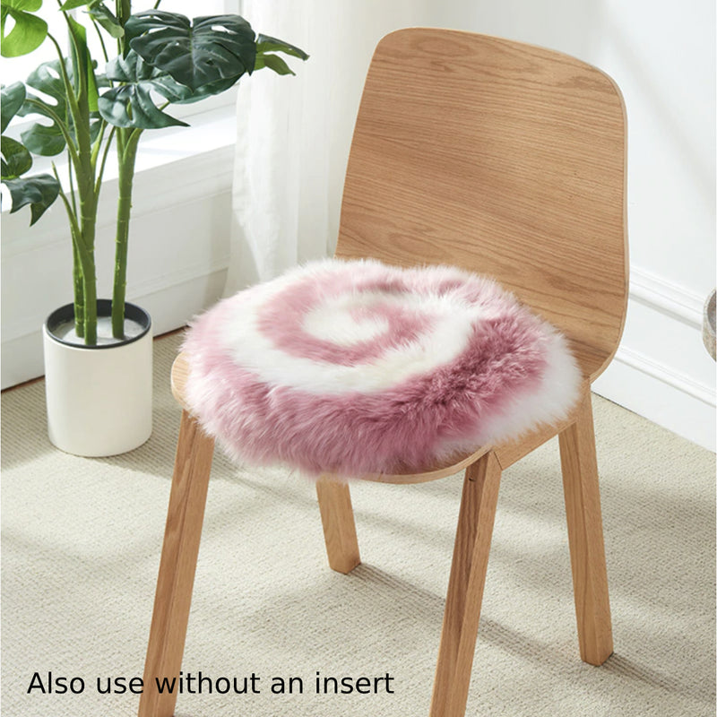 round pink and white wool sheepskin fur pillow