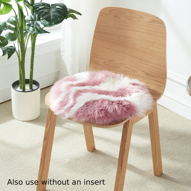 round pink and white wool sheepskin fur pillow