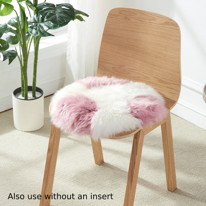 round pink and white wool sheepskin fur pillow