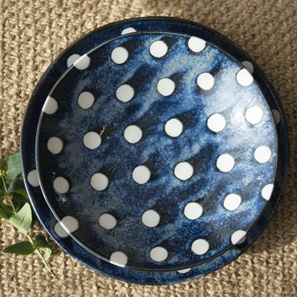 Japanese handmade ceramic blue white polka dot