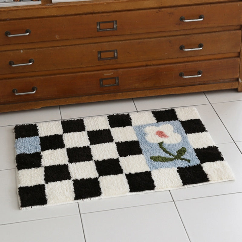 Green and Black Grids Floral Tufting Soft Rug 