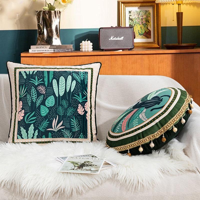 Velvet Cushion Leaves Pillow Cover  Rainforest Green Leaves 