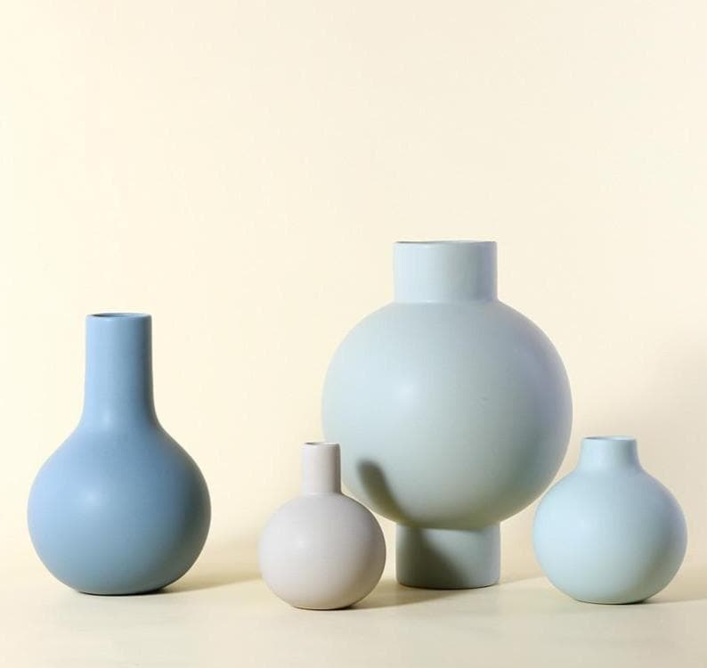 Shades of Blue Beige and Jade Ceramic Porcelain Round Vase Set Water Drop shape Modern Abstract