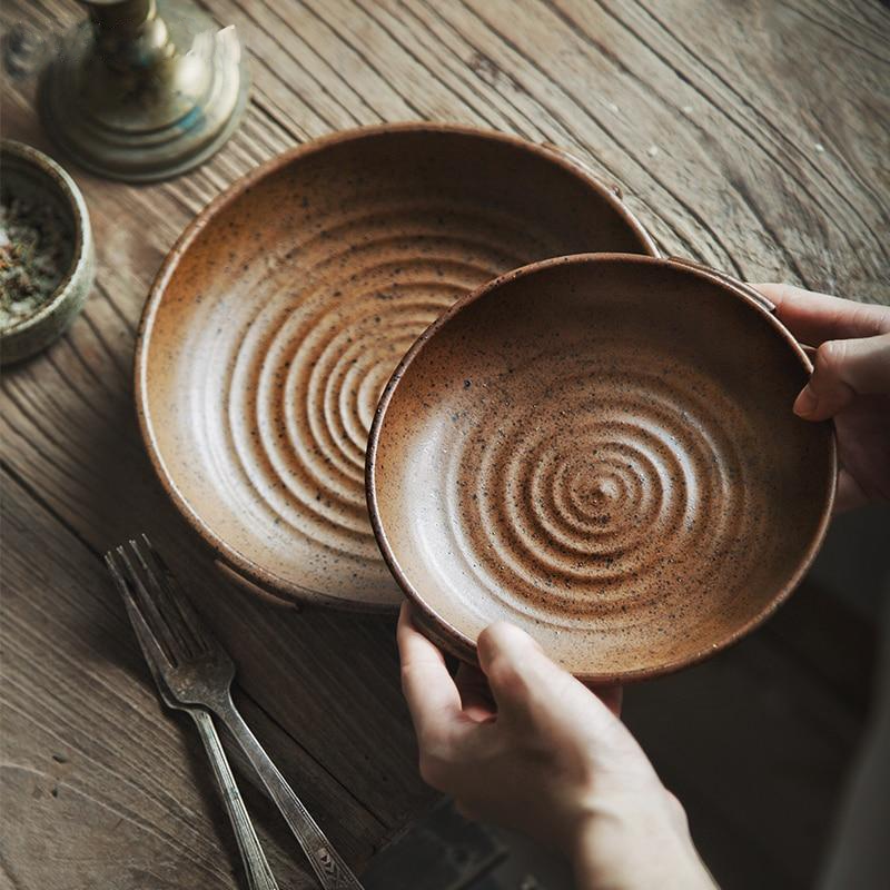 round vintage brown rusty glazed ceramic dinnerware