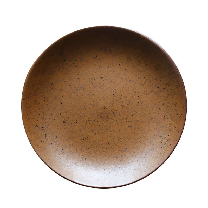 round vintage brown rusty glazed ceramic dinnerware