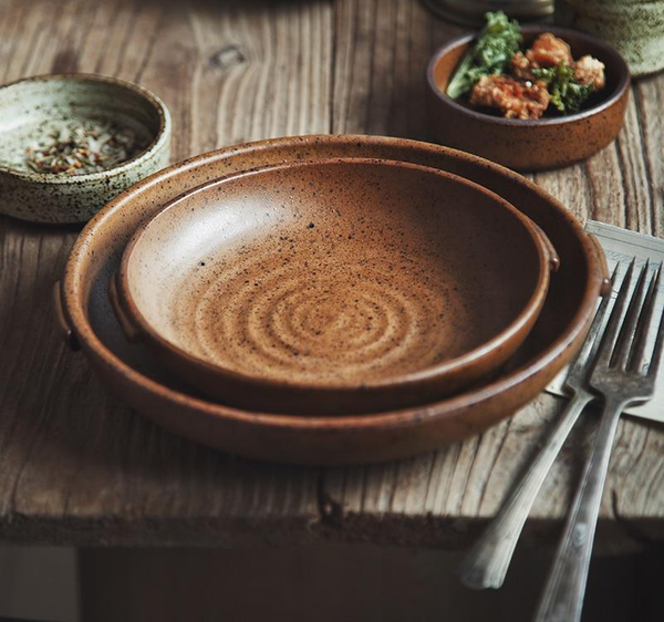 round vintage brown rusty glazed ceramic dinnerware