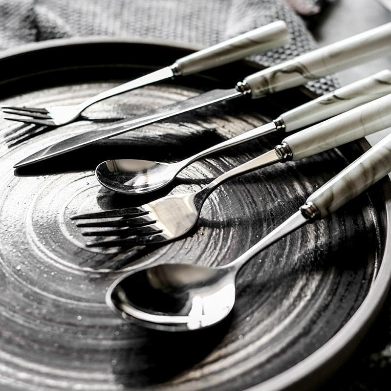 Silver & Marble Stainless Steel Luxury Flatware 5Pc Set - Final Sale